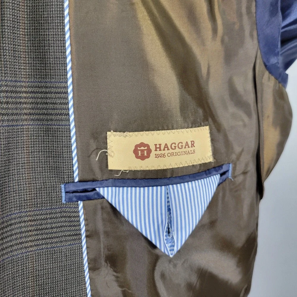 Haggar Men's Sport Coat Blazer Two Button Brown Plaid Polyester Blend 44R‎